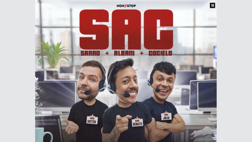 Humor em dose tripla: Non Stop leva Victor Sarro, Renato Albani e Júlio Cocielo ao palco do Rio com o show “S.A.C.”.